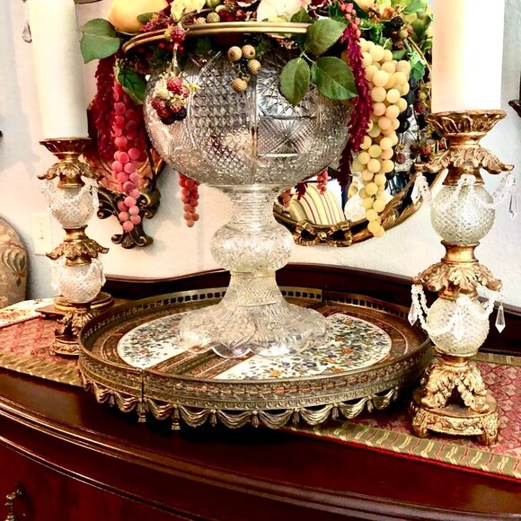 NWT ALEXANDRA'S ACCENTS Pair Antique Gold Cut Crystal Pillar Candle Holders 15" - Picture 3 of 10